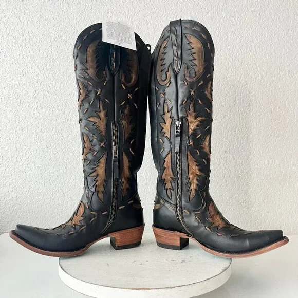 Lane Reverie Knee High Womens Cowboy Boots 6 Black Brown Western Cowgirl Lace Up - Picture 7 of 11